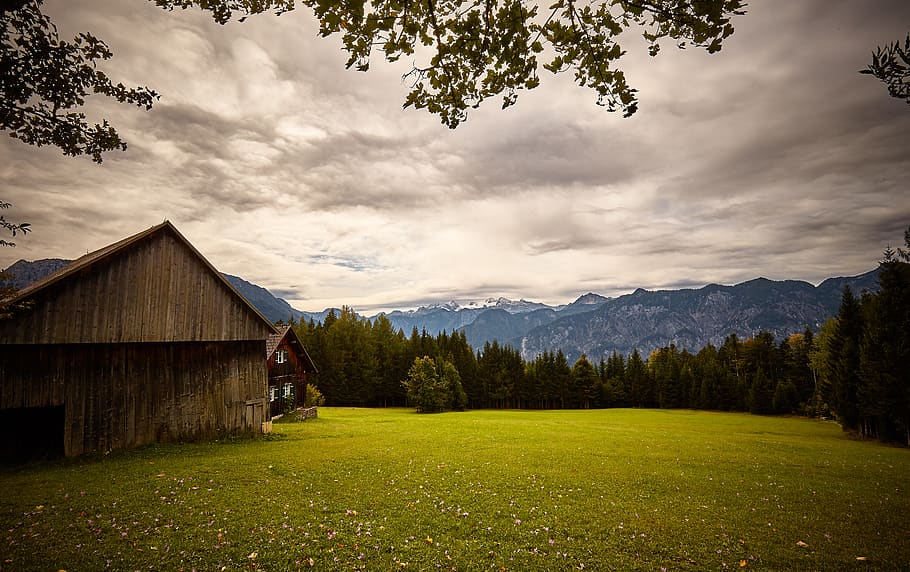 hut, clouds, mountains, lawn, autumn, alm, meadow, sky, barn HD wallpaper