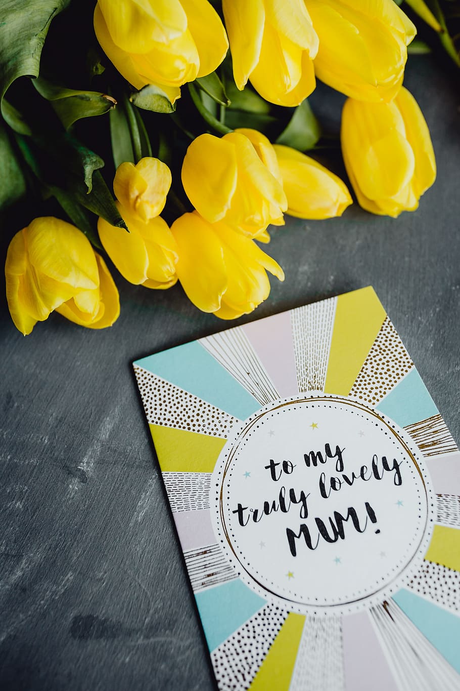 Mother`s Day card with colorful tulip flowers, love, greeting card