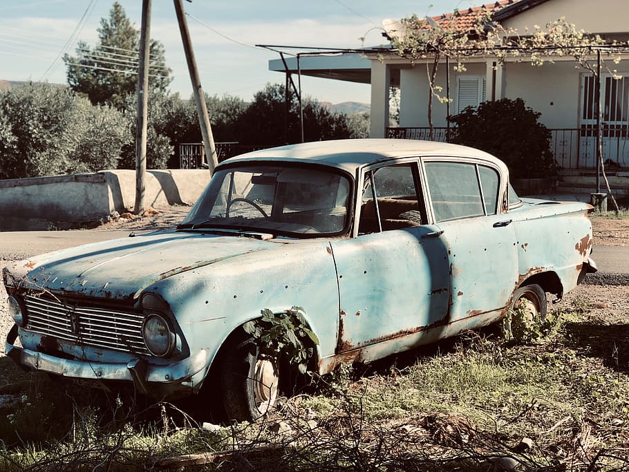 blue sedan, unnamed road, mevlevi, rust, vehicle, car, transportation HD wallpaper