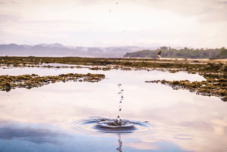 water drops, outdoors, ripple, puddle, sea, ocean, land, nature HD wallpaper