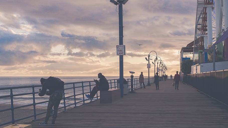 person, human, boardwalk, building, bridge, water, pier, waterfront HD wallpaper