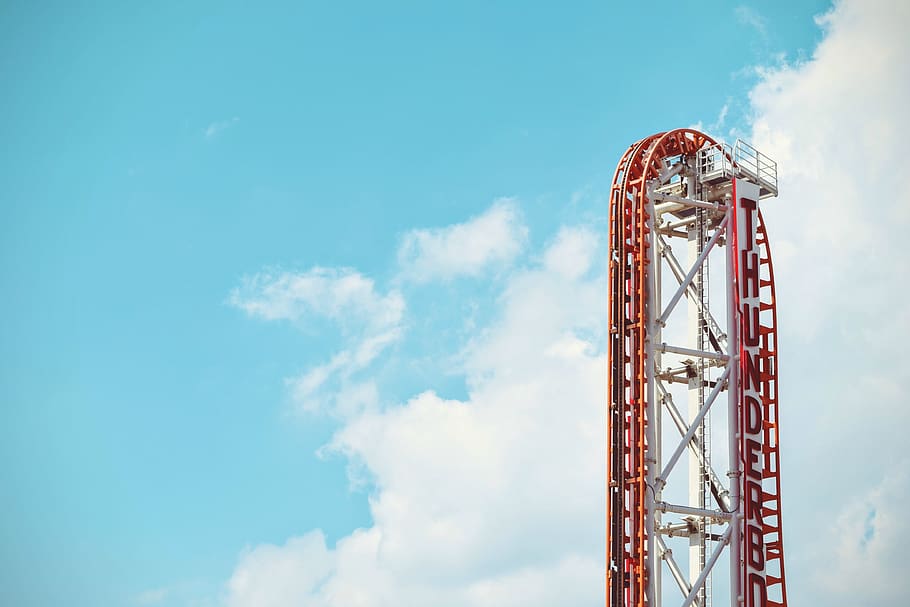 Roller Coaster Rail at Cloudy Day, blue sky, carnival, engineering HD wallpaper