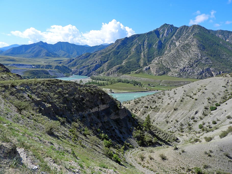 altai, mountains, river, summer, landscape, travel, clouds HD wallpaper