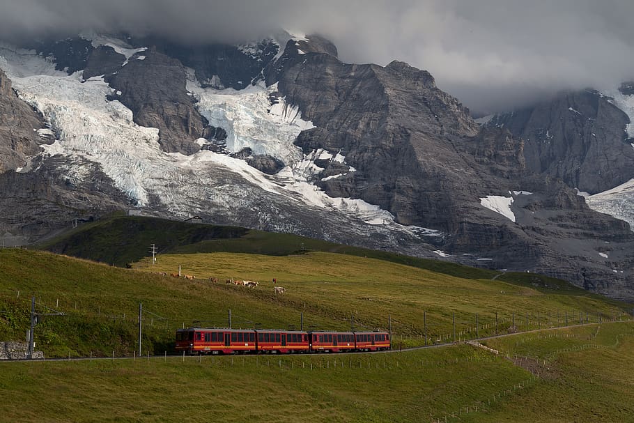 red train near mountain, outdoors, glacier, ice, nature, snow HD wallpaper