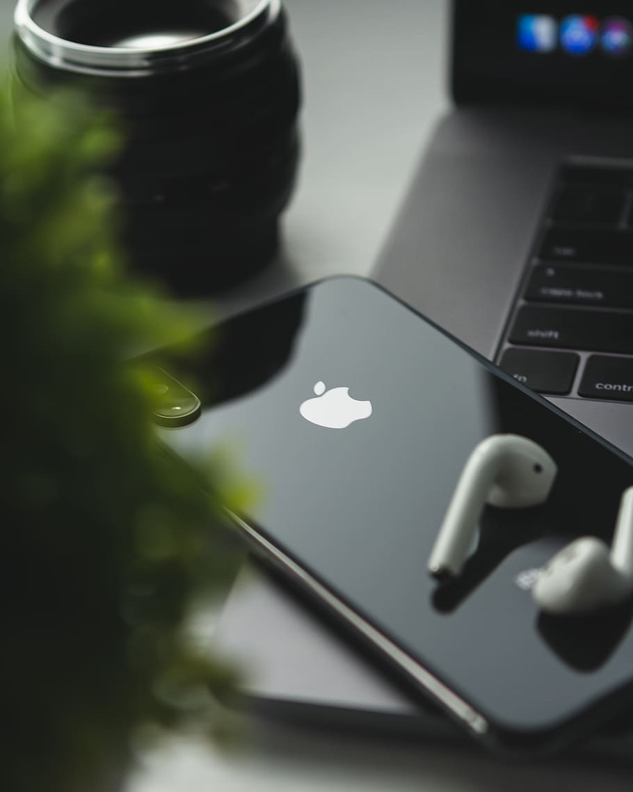 space gray iPhone X and Apple AirPods on MacBook Pro, electronics, HD wallpaper