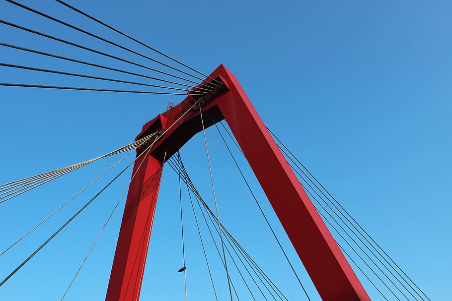netherlands, rotterdam, blue, sky, red, perspective, wires HD wallpaper