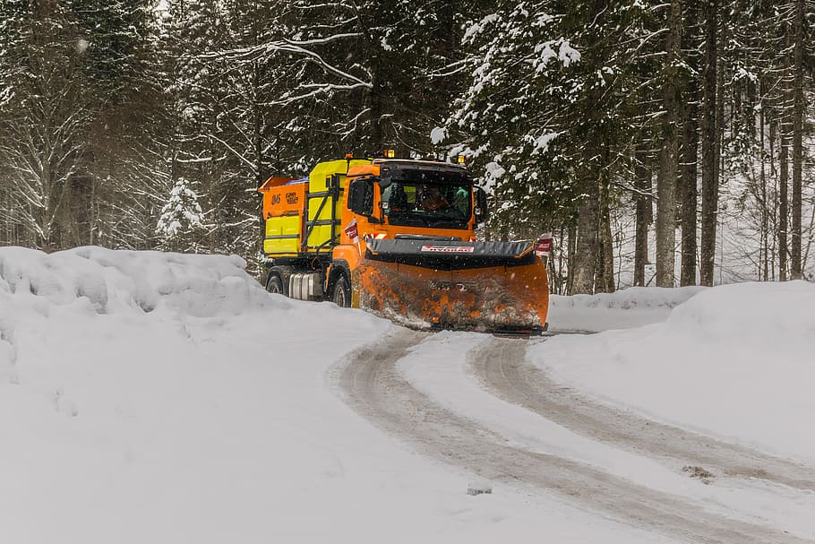Yellow, Orange, and Black Truck Plowing Snow, cold, zing, frost, HD wallpaper