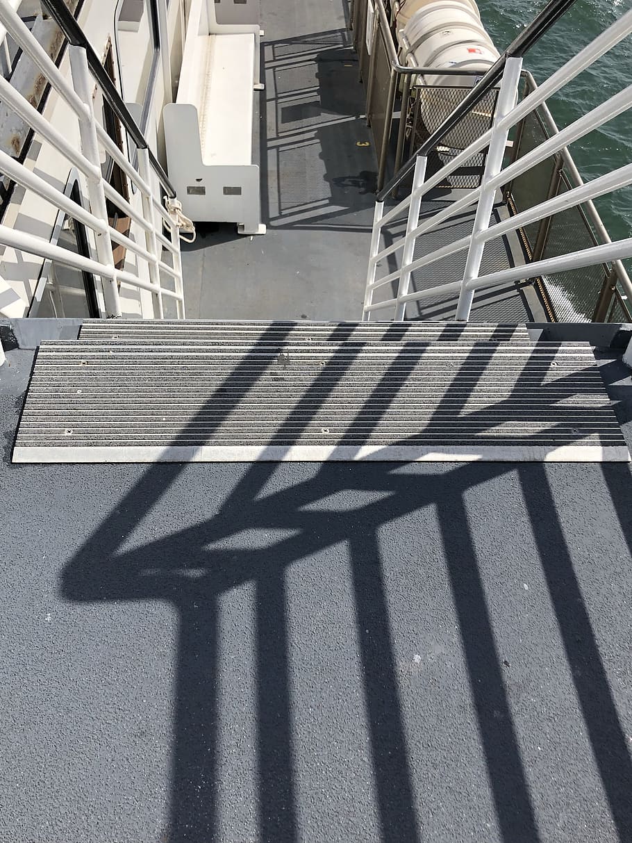 stairs, boat, shadow, sunlight, day, nature, high angle view HD wallpaper
