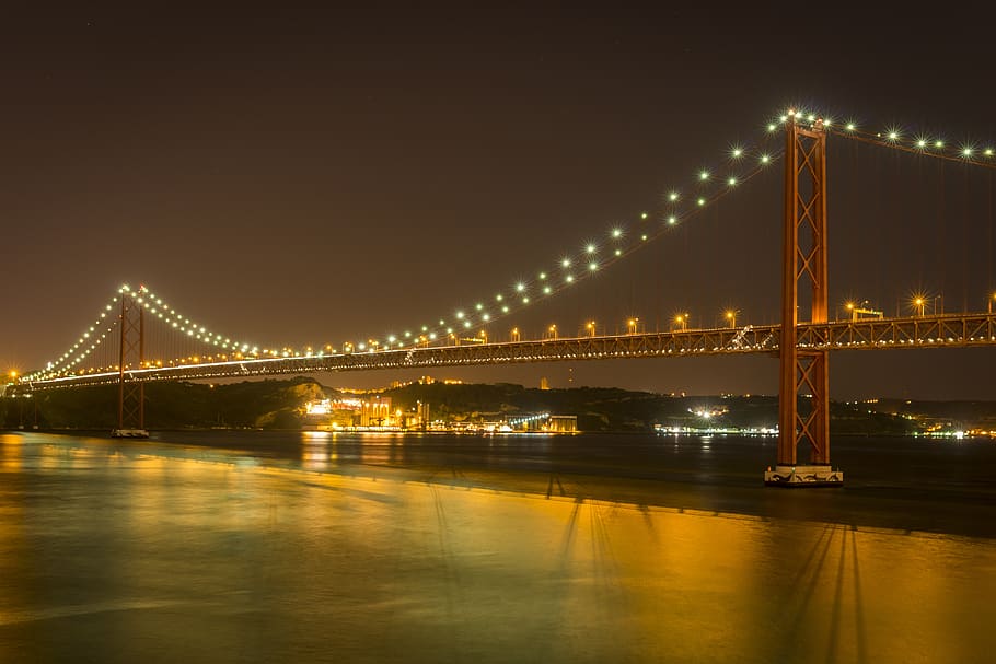 lisbon, bridge, architecture, river, port, sunset, lisboa, suspension bridge HD wallpaper