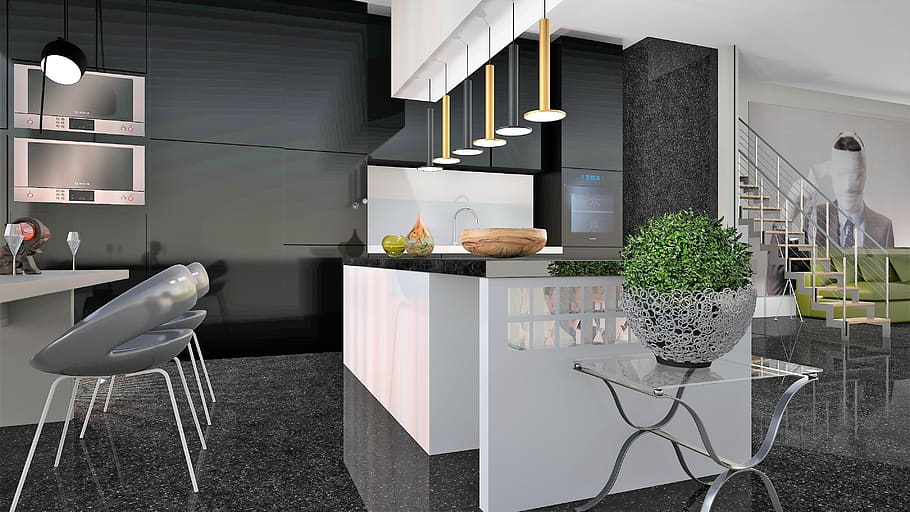 marble, chair, kitchen, modern, lighting, staircase, the current HD wallpaper