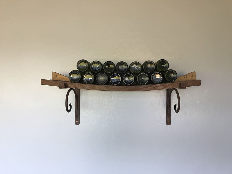 glass bottles on floating shelf, uruguay, 21 264, coat rack, curve HD wallpaper