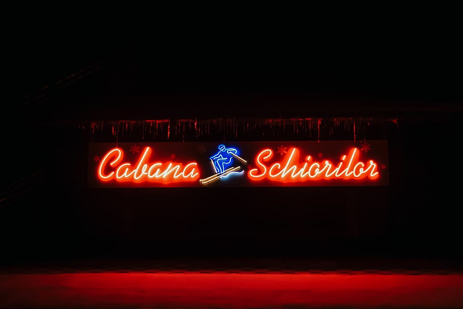 turned on Cabana Schiorilor neon sign, light, text, night, blue
