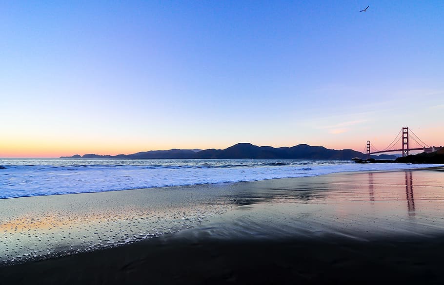 The Golden Gate Bridge in San Francisco, beach, blue, coast, evening HD wallpaper