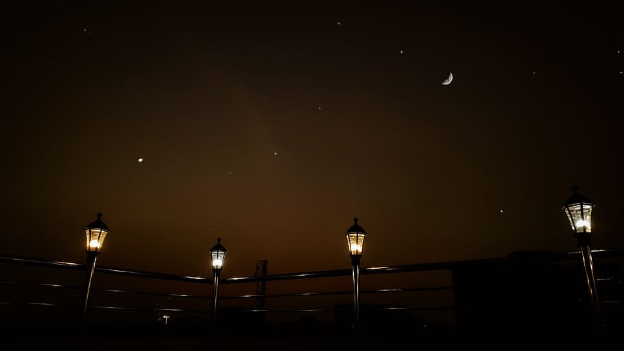 night, lamp, stars, moon, architecture, illuminated, sky, no people HD wallpaper
