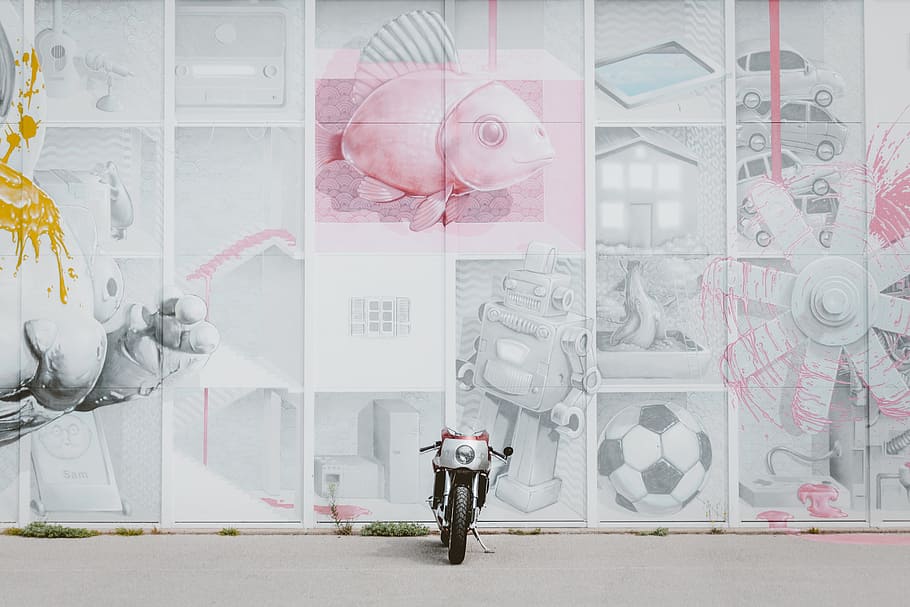 Motorcycle Parked in Front of Artwork Wall, colors, daylight HD wallpaper
