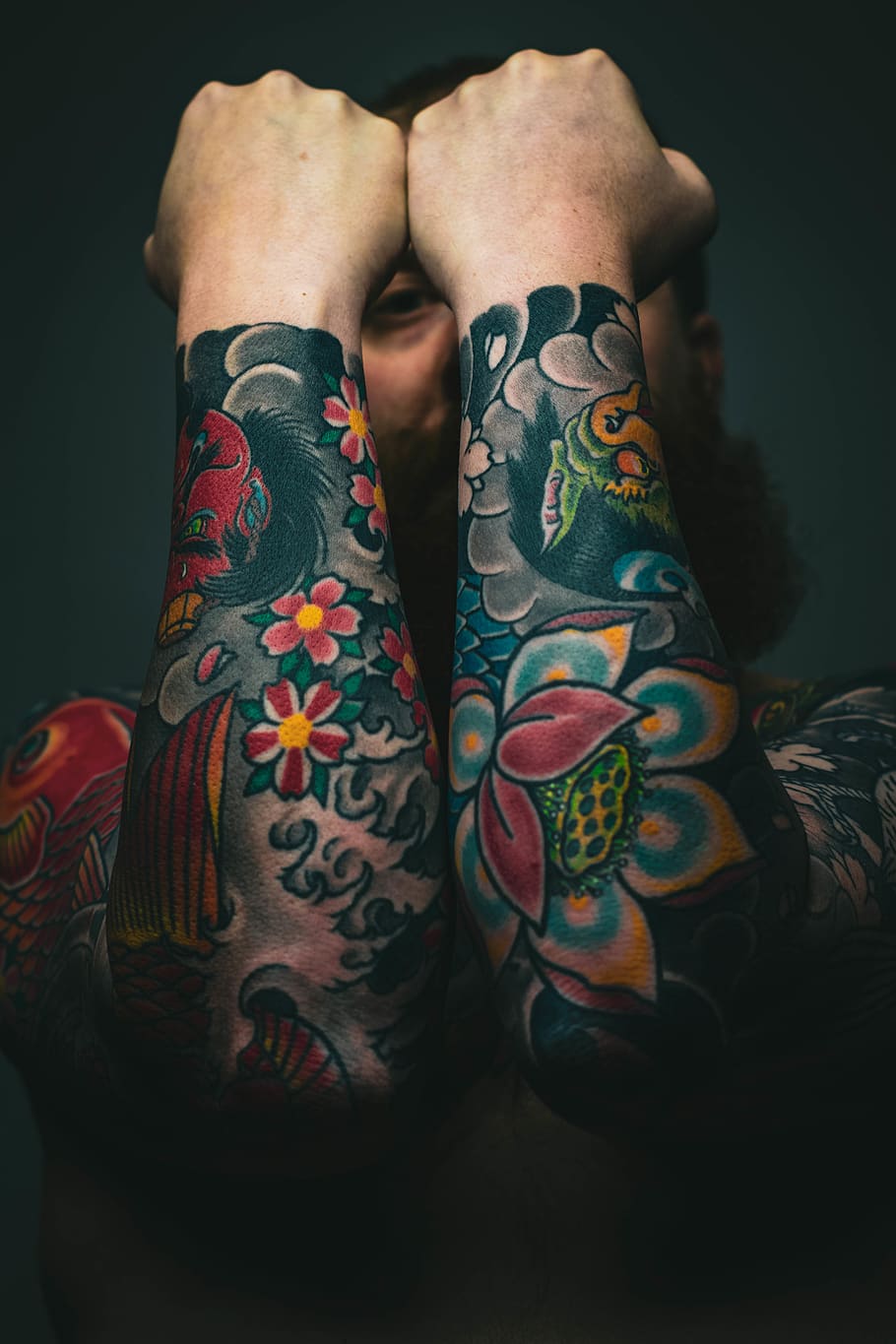Man With Floral Arm Tattoos`, arms, tattooed, human body part
