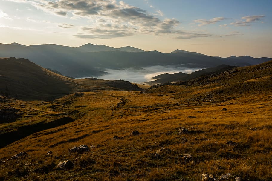 Photography of Mountain Range, clouds, dawn, daylight, fog, grass HD wallpaper