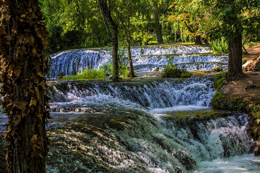 stone monastery, trees, tourism, water, flowing water, beauty in nature HD wallpaper