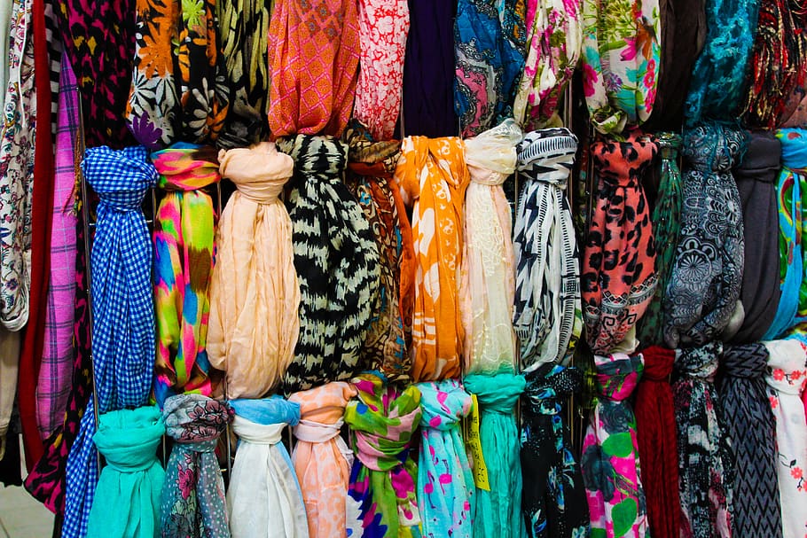 multi-colored scarves, choice, retail, variation, market, multi colored HD wallpaper