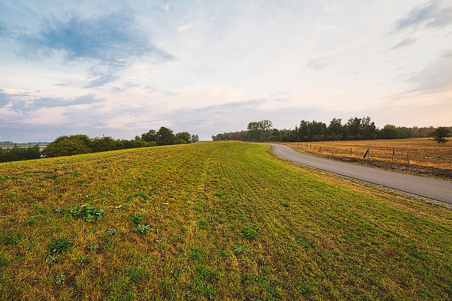 dike, meadow, bremen, away, weser, clouds, grass, idyll, chill out HD wallpaper