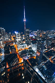 CN Tower in Canada, building, sky, light, long exposure, urban HD wallpaper