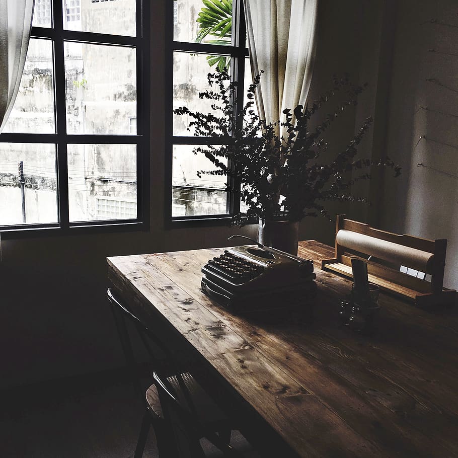 Brown Typewriter on Top of Brown Table, apartment, chair, contemporary, HD wallpaper