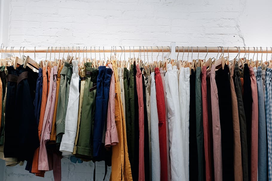 assorted-color clothes lot hanging on wooden wall rack, clothing, HD wallpaper