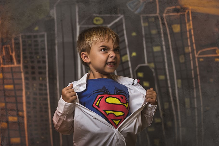 boy wearing red Superman top, person, human, clothing, apparel HD wallpaper
