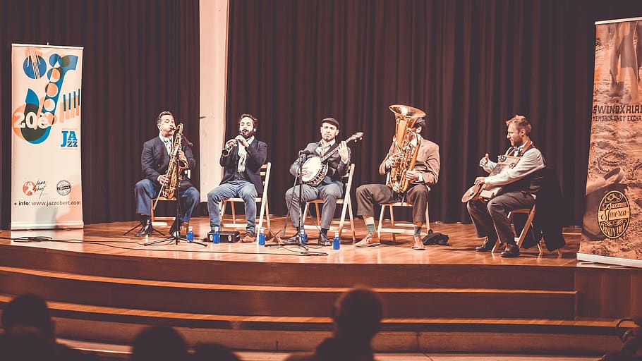 five men playing instruments on stage, person, human, people HD wallpaper