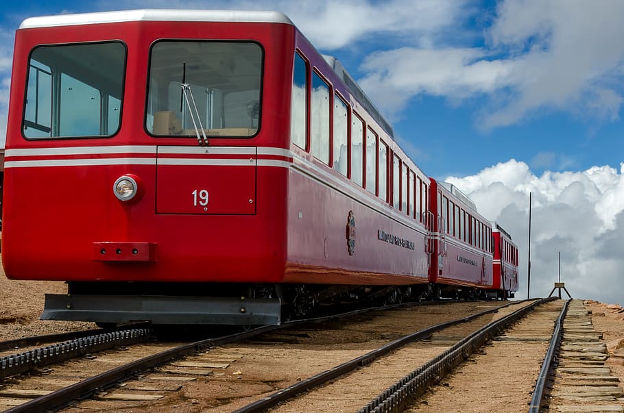 red train on tracks, transportation, vehicle, rail, train track