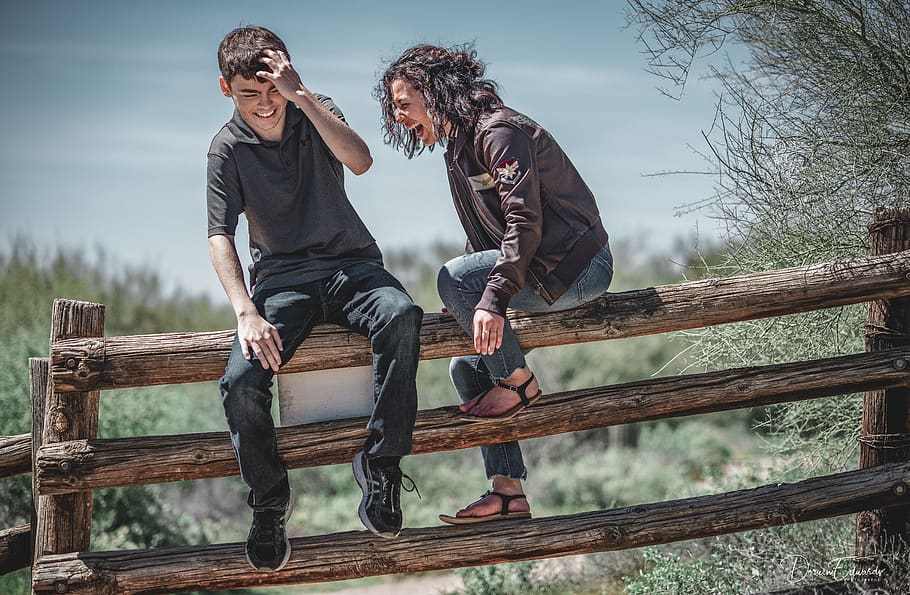 Man And Woman Sitting On Brown Wooden Fence, fun, happiness, people HD wallpaper