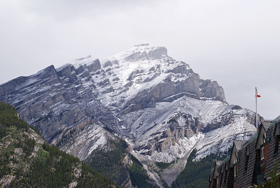 canada, banff, mountain, sky, winter, beauty in nature, flag HD wallpaper