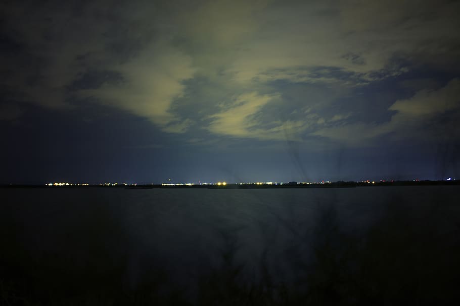 night, sky, clouds, light, sea, black, city, stars, water, cloud - sky HD wallpaper