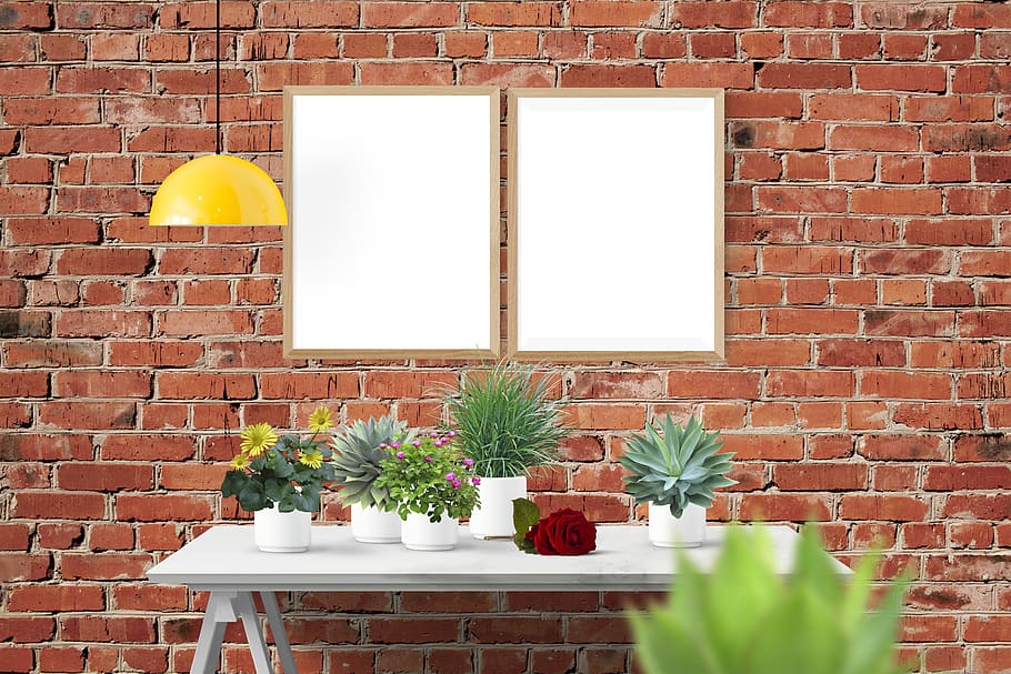 poster, frame, wall, desk, plants, brick, brick wall, wall - building feature HD wallpaper