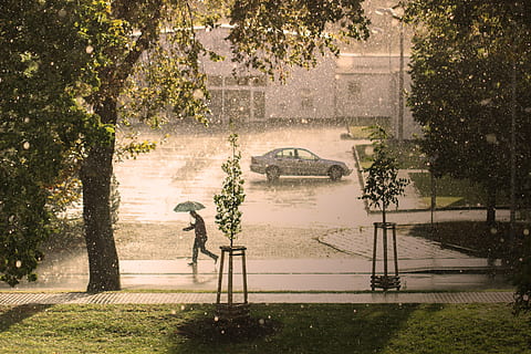 rain, hail, storm, man, run, umbrella, forward, thunderstorm HD wallpaper