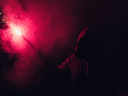 Hooded Figure Holding Red Flare, dark, fireworks, flame, flash HD wallpaper