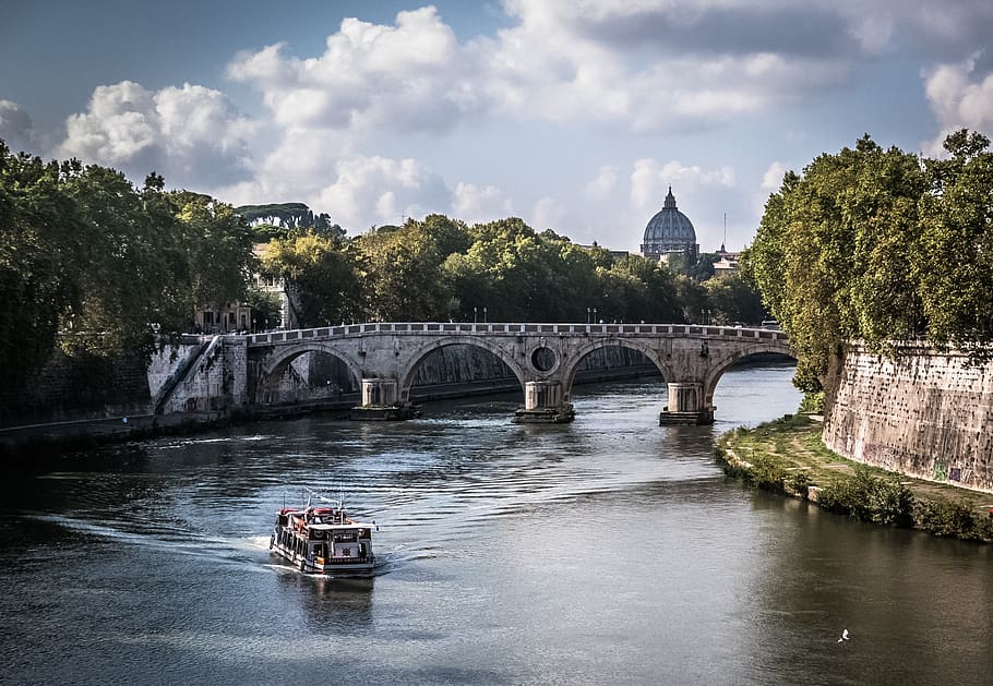 White Boat on Body of Water Crossing a Gray Concrete Bridge during Daytime HD wallpaper
