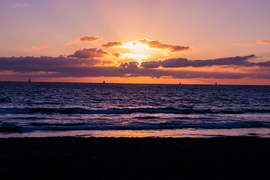 Beach Side Photo during Sunset, clouds, dawn, evening, landscape HD wallpaper