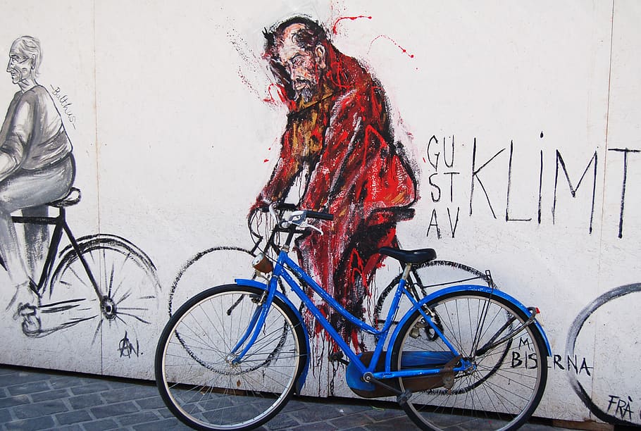 wall street art in a public place, blue, bicycle, transportation, HD wallpaper