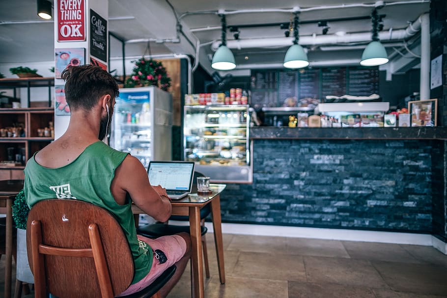 Man Using Laptop Computer, adult, bar, businessman, coffee shop, HD wallpaper