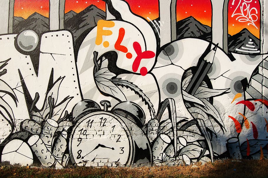 Graffiti writing on a wall with a clock and dynamite., art and craft HD wallpaper