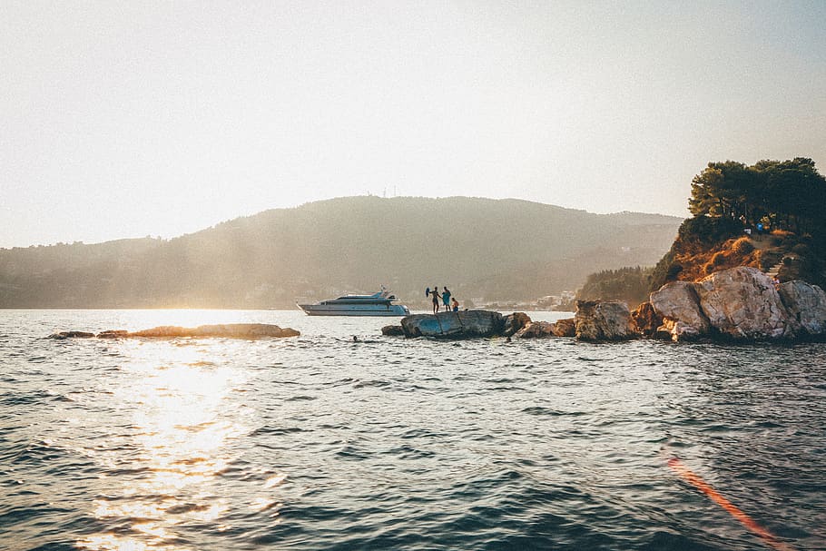 greece, skiathos, coastline, wave, swimming, boat, nickkarvounis HD wallpaper