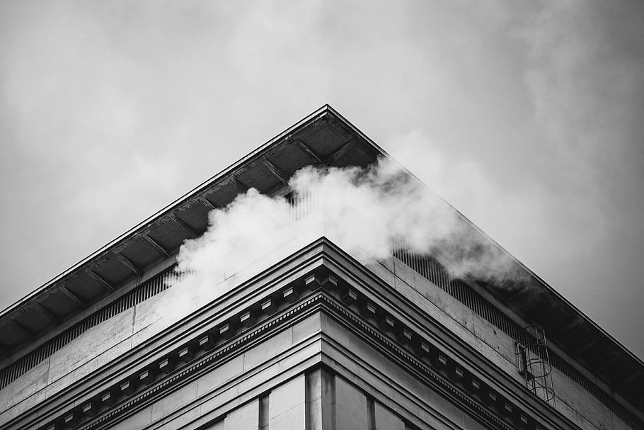 building, smoke, sky, architecture, black and white, cloud - sky HD wallpaper