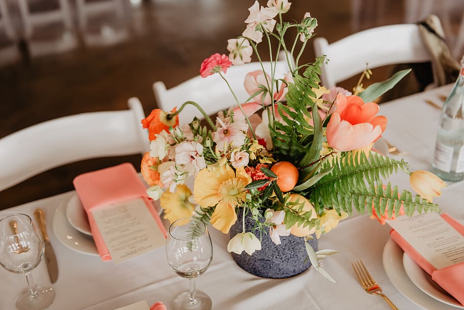 Assorted Flowers on Table, beautiful flowers, colorful, cutlery HD wallpaper