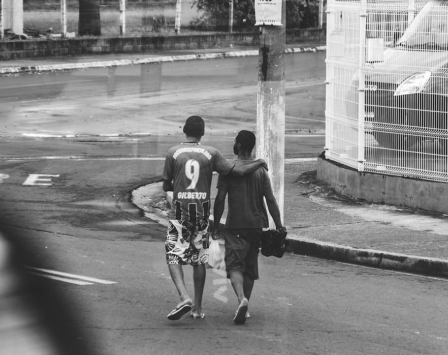 two men walking on street, full length, real people, rear view HD wallpaper