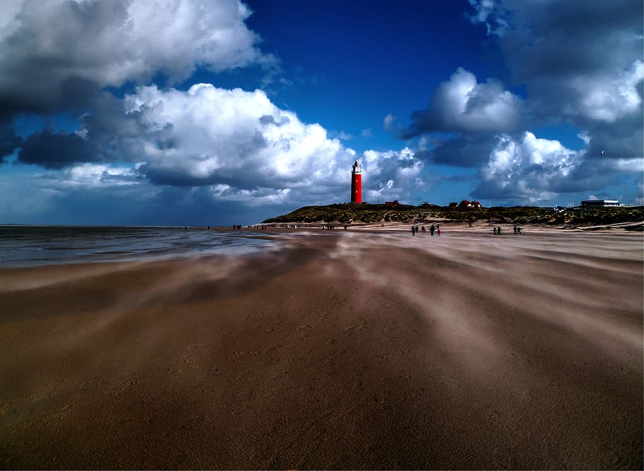 Red Lighthouse on Cliff, beach, sky, cloud - sky, land, sea, water HD wallpaper