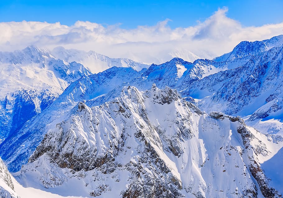 Mountain Ranges Covered in Snow, adventure, alpine, alps, altitude, HD wallpaper