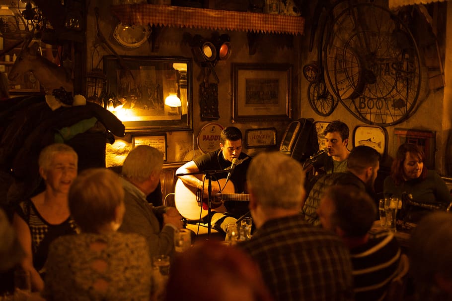 ireland, galway, pub, singer, folk music, guitar, group of people