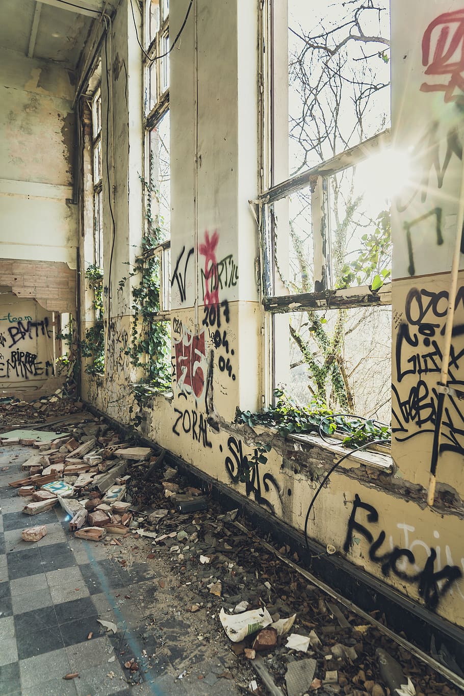 opened window with vandals, graffiti, text, architecture, abandoned HD wallpaper