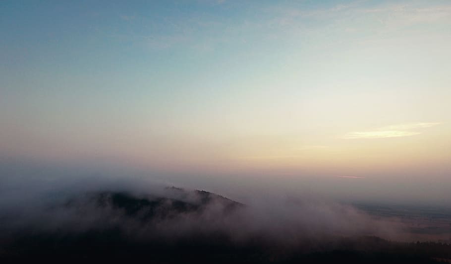 fog, mist, tree, hills, trees, woods, landscape, aerial, sunset HD wallpaper